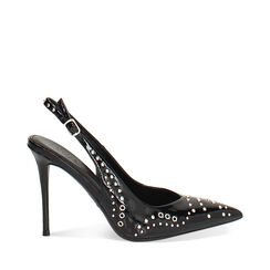 Escarpin à bride arrière noir en cuir verni avec talon de 10 cm, Primadonna, 262130647NPNERO035, 001a