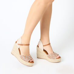 Plataformas de mujer color coñac beige en rafia, Primadonna, 254982916RFCOBE035, 002a