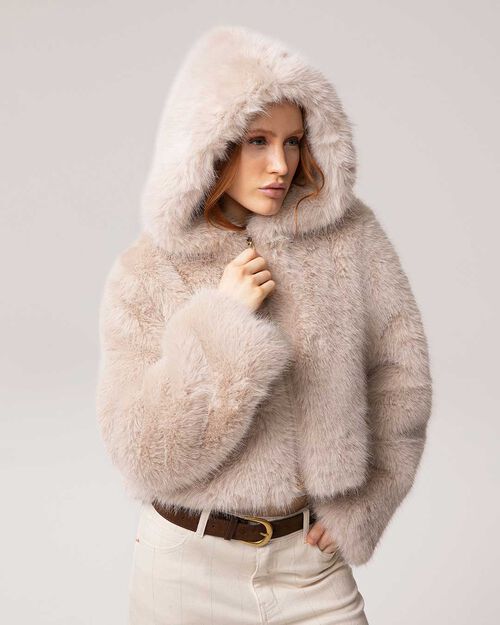 Giacca corta beige in pelo sintetico, BEIGE
