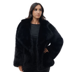 Cappotto in pelo sintetico nero a manica lunga, 24B424510FUNEROL, 001a