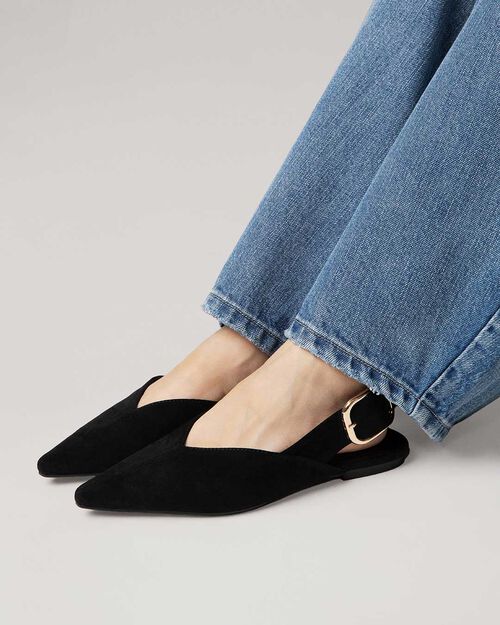 Ballerine slingback noires avec boucle dor&eacute;e, BLACK