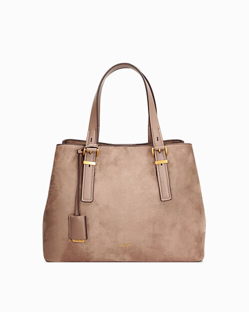 Borsa a mano taupe con dettagli dorati, TAUPE