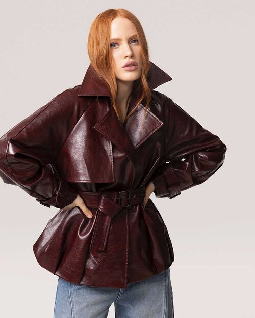 Trench bordeaux en mat&eacute;riau Synth&eacute;tique Brillant, BURGUNDY