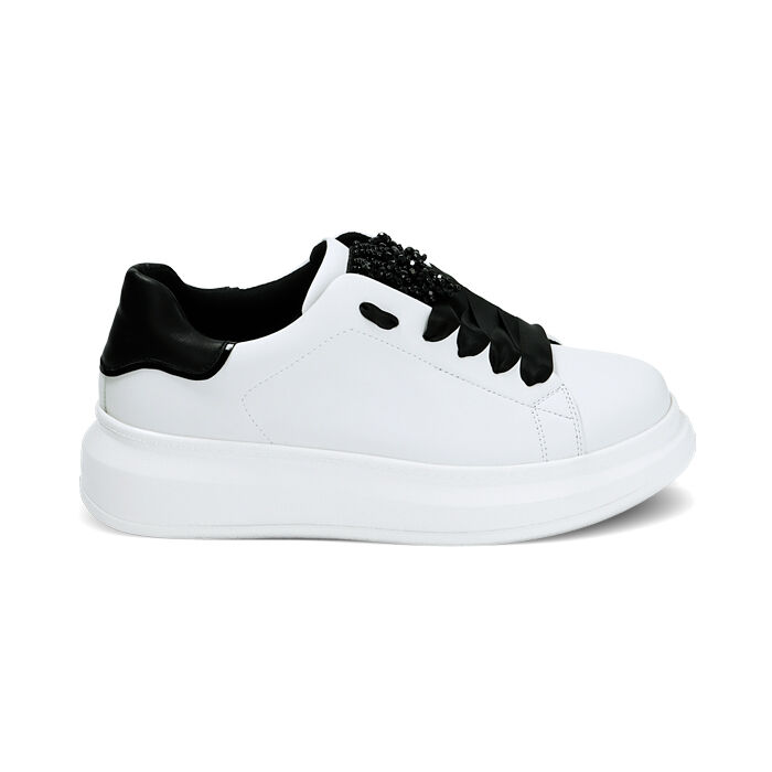 Sneakers bianche con perle, suola 4,5 cm, Primadonna, 222866052EPBIAN035