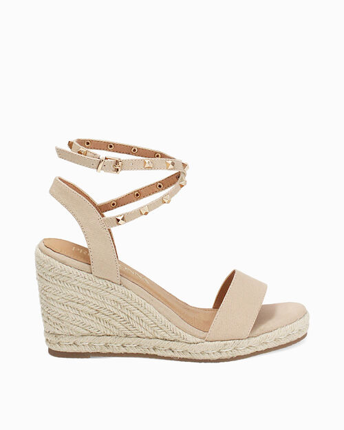 Zeppe donna beige in canvas con braccialetto, 