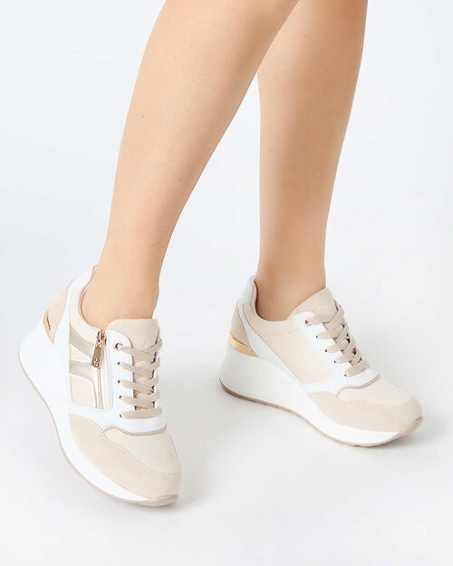 Sneakers donna beige in tessuto, BEIGE