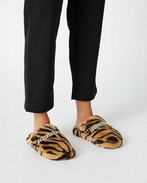 Pantoufles tigre en fourrure synth&eacute;tique avec semelle en caoutchouc, TIGER