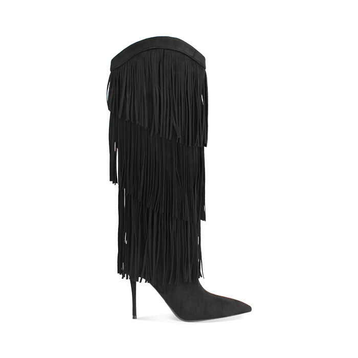 Stivali neri in microfibra con frange e tacco 10 cm, Primadonna, 262130677MFNERO036