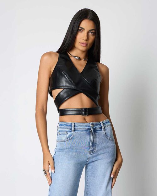 Chaleco elegante negro en material sint&eacute;tico, BLACK