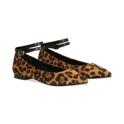 Ballerine a punta leopard in microfibra con cinturino alla caviglia, 