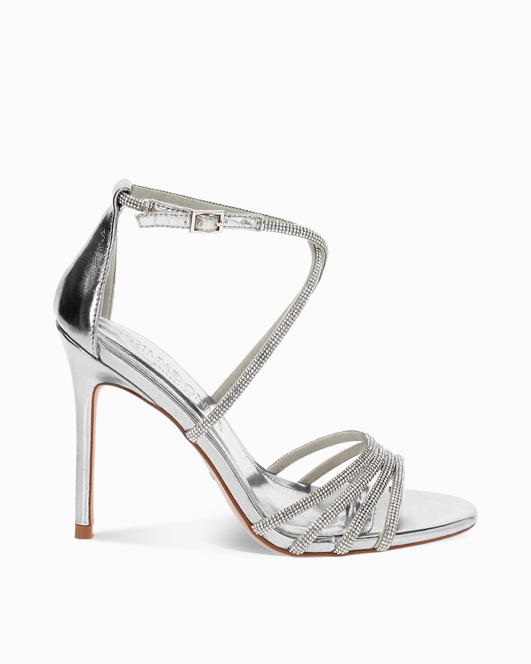 Sandalo donna argentato con strass, tacco 10,5 cm