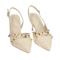 Décolleté slingback borchiate panna, tacco 8 cm, Primadonna, 212185104EPPANN037, 002a