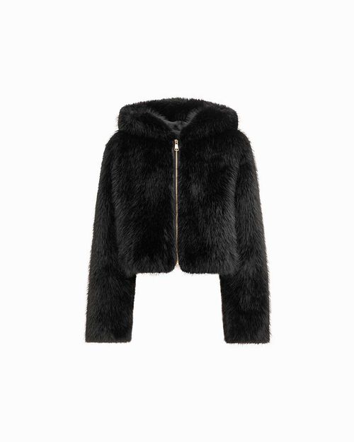 Giubbotto in pelo sintetico nero con collo alto, BLACK