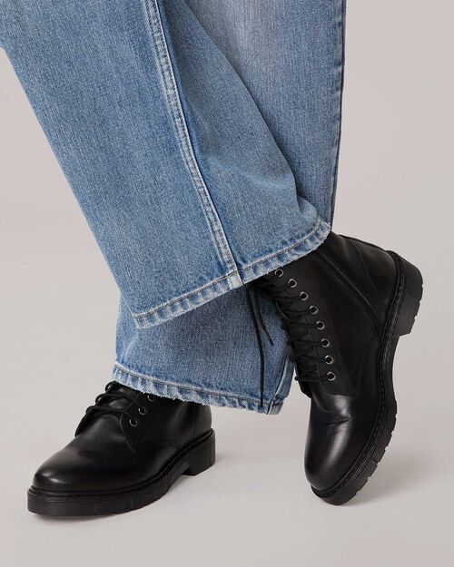 Black leather combat boots with 3.2 cm heel, BLACK
