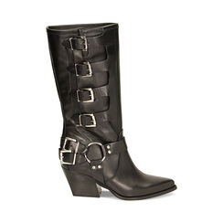 Stivali texani in pelle nera con fibbie, tacco 7 cm, Primadonna, 22A590175PENERO035, 001 preview
