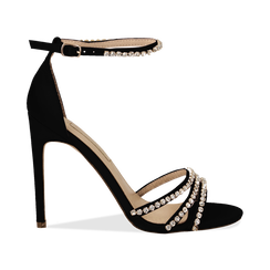 Sandali neri in raso con strass argento, tacco stiletto 11 cm,