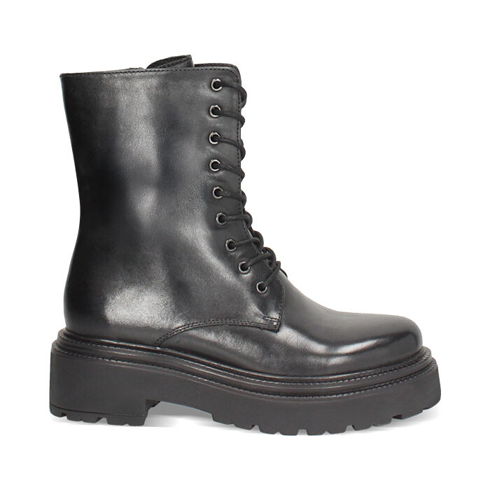 Bottines à lacets noires en cuir véritable avec semelle en caoutchouc, Primadonna, 26N565054PENERO035