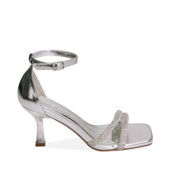 Sandalo donna argento in laminato con pietre, tacco 7,5 cm, Primadonna, 254923401LPARGE035, 001a
