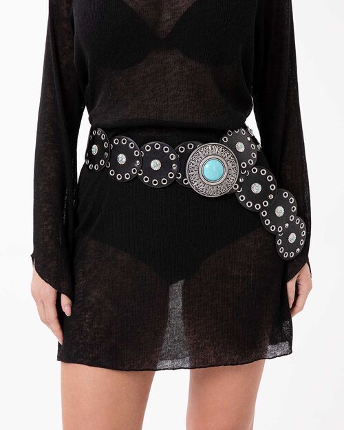 Cinturone nero con dettagli argento, BLACK