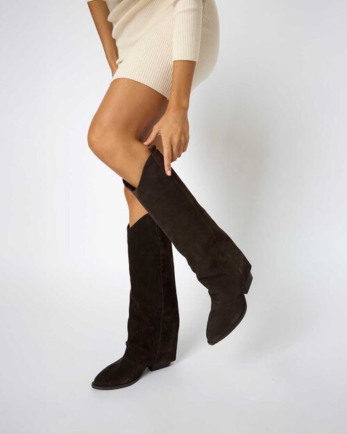 Stivali texani in camoscio testa di moro con tacco 7,2 cm, DK BROWN