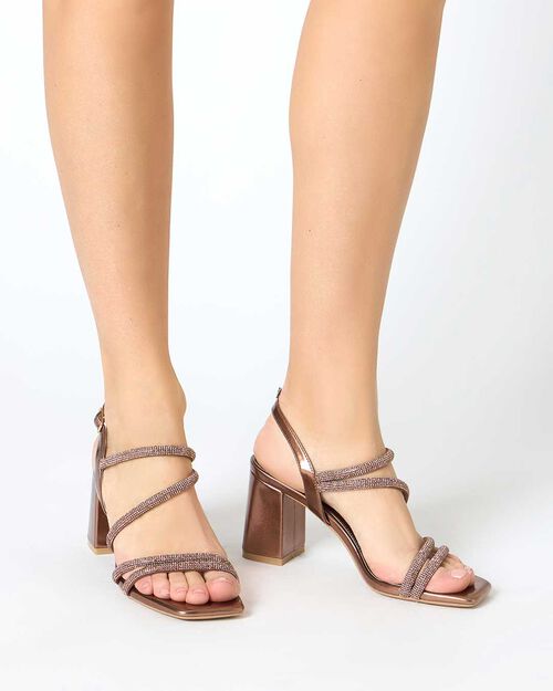 Sandalo donna rame da sera, tacco largo 7,5 cm, COPPER
