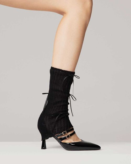 D&eacute;collet&eacute; nere con cinturini dorati tacco 7,6 cm, BLACK