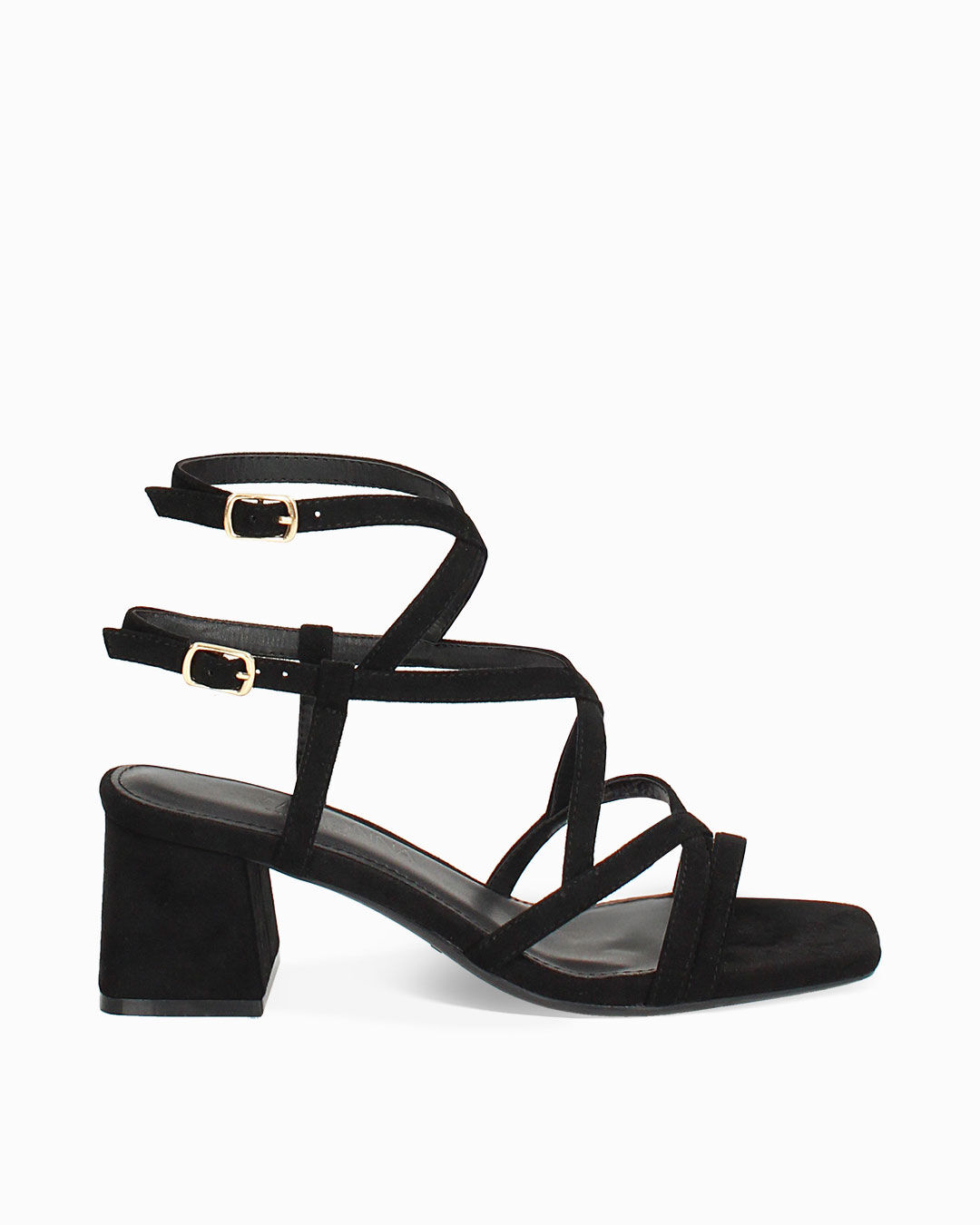 Sandalo donna nero in microfibra, tacco largo 5,5 cm