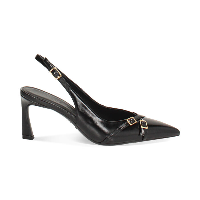 Décolleté slingback nera lucida con tacco di 7,5 cm, Primadonna, 262110603EUNERO035