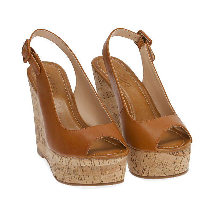 Sandalias destalonadas coñac, tacón cuña 12 cm | Primadonna Collection