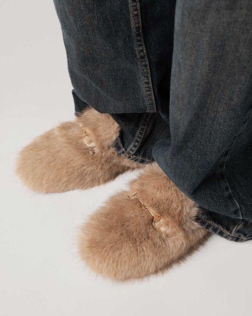 Pantofole beige in pelo sintetico, BEIGE