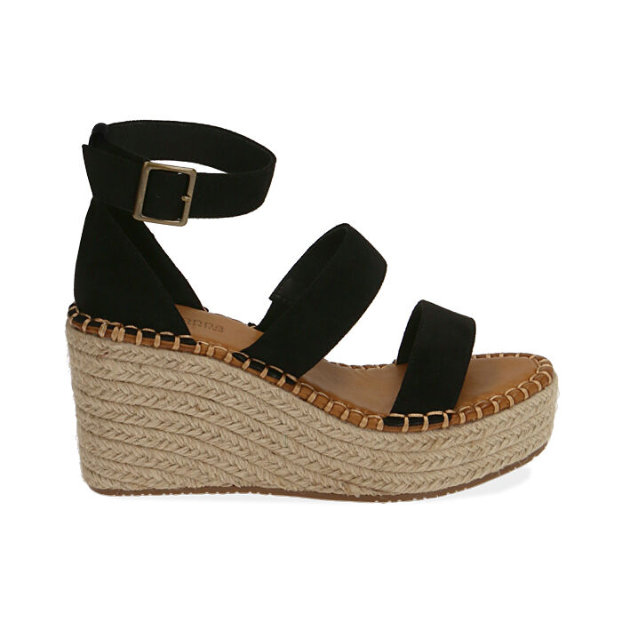 Sandalias negras en microfibra, cuña 9 cm | Primadonna Collection