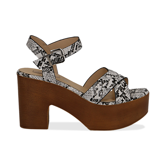 Sandali platform bianco neri con fascia snake skin tacco zeppa 9