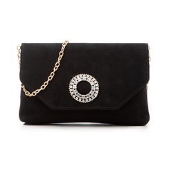Pochette nera in microfibra con fibbia di cristalli,