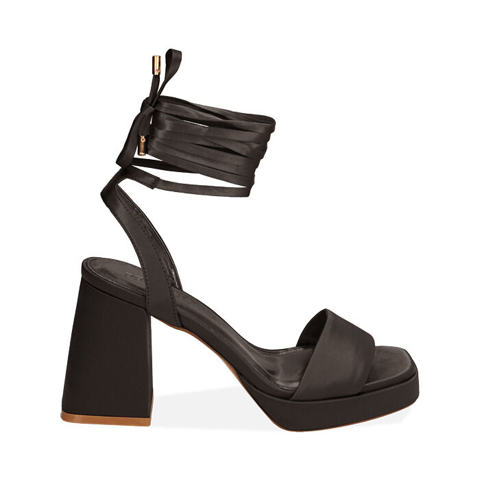 Sandali neri lace-up in raso, tacco 9 cm , Primadonna, 192158203RSNERO036