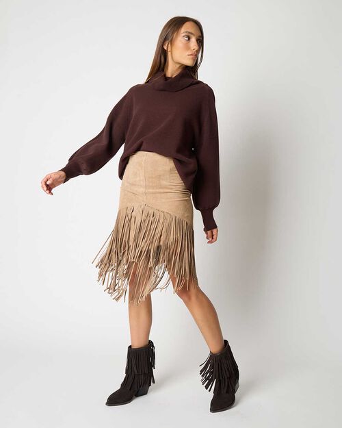 Falda de microfibra camello con detalles elegantes, CAMEL