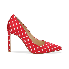 Décolleté rosse in raso a pois bianchi, tacco 10,5 cm,