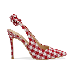 Décolleté Slingback bianco/rosse in tessuto Vichy, tacco 10,5 cm,