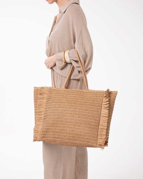 Borsa mare beige con dettagli sfrangiati, BEIGE
