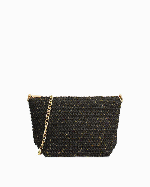 Pochette rafia nera con tracolla removibile, BLACK