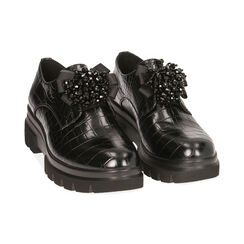 Chaussures à lacets noires imprimé croco, semelle compensée 5 cm , Soldés, 180685981CCNERO036, 002 preview