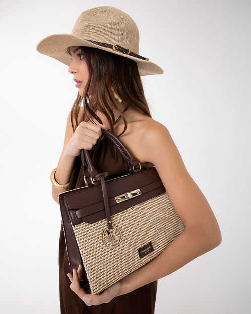 Bolso de mano beige marr&oacute;n oscuro con detalles chic, MULTI COLOR
