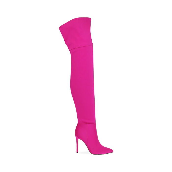 Stivali overknee fucsia in lycra, tacco 10,5 cm, Primadonna, 202118621LYFUCS035