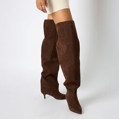 Stivali sopra il ginocchio in microfibra testa di moro con tacco kitten, Primadonna, 263006901MFMORO036, 002a