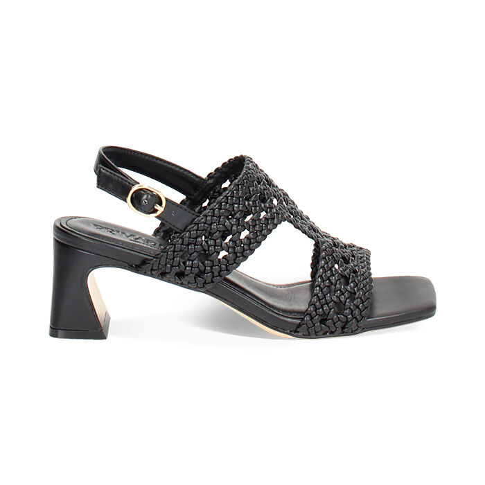 Sandalo donna nero intrecciato, tacco 5,5 cm, Primadonna, 25P550002EINERO035