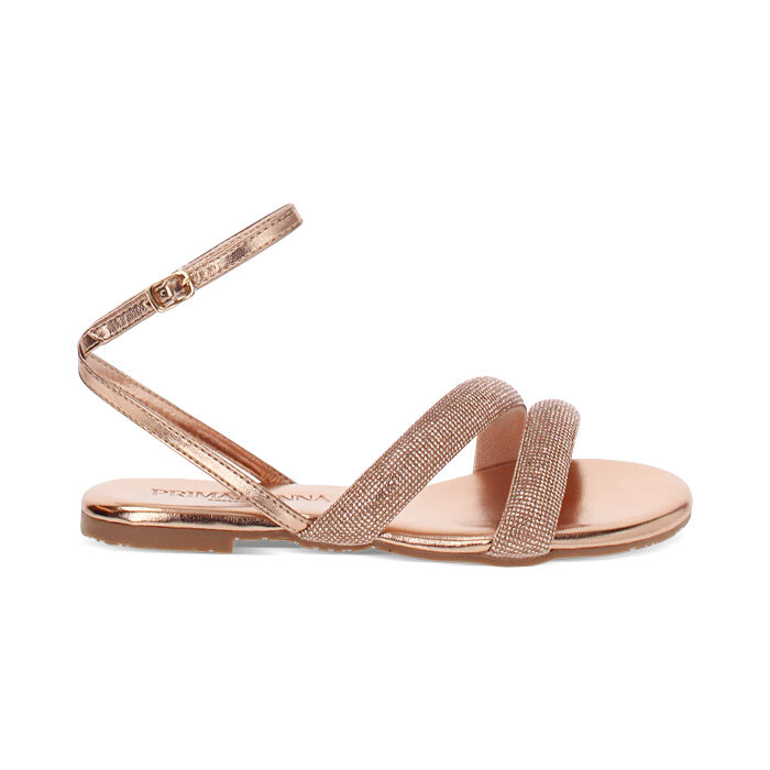 Sandalias bajas de mujer oro rosa en laminado con piedras, Primadonna, 254992802LPRAOR035
