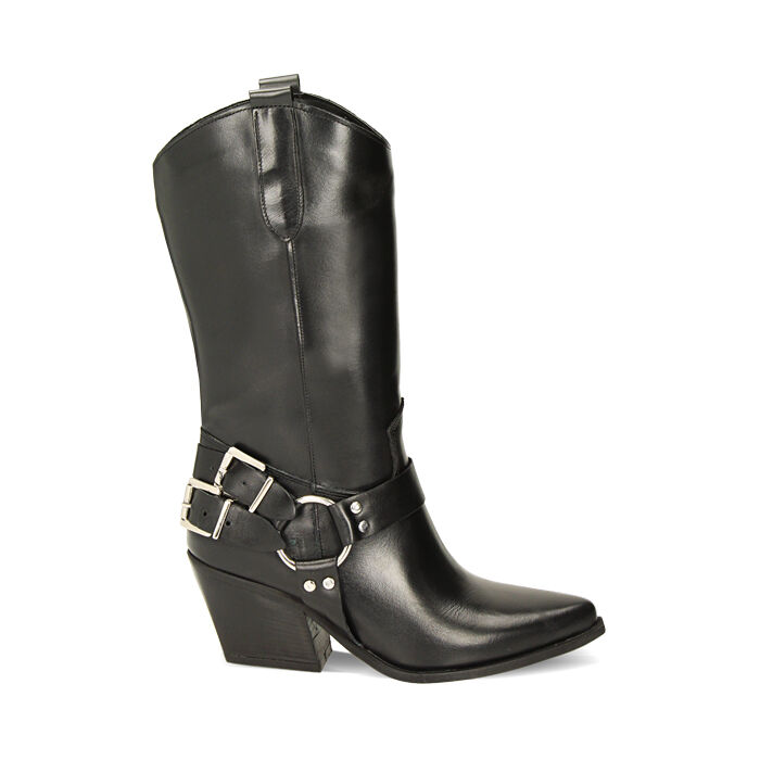 Stivali donna texani neri in pelle con fibbie tacco 7 cm