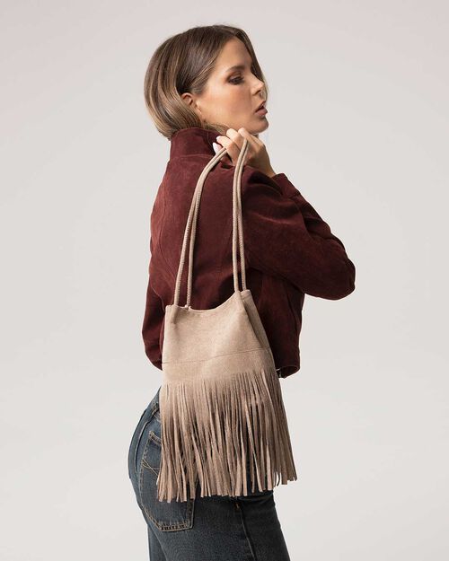 Mini bag taupe con flecos, TAUPE