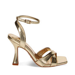 Sandali oro in laminato, tacco 9,7 cm, 232101906LMOROG037, 001a