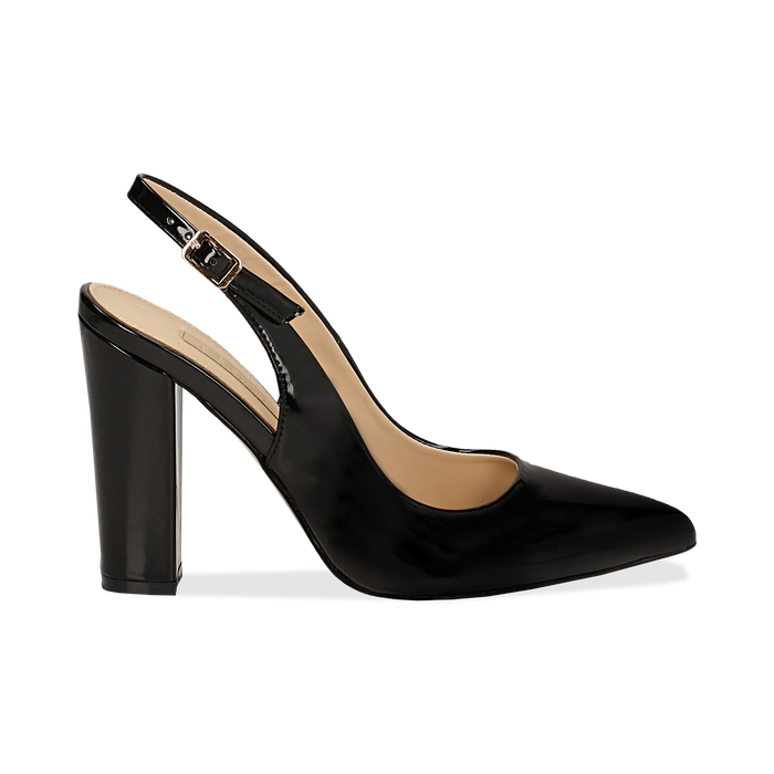 Décolleté Slingback nere in vernice, tacco quadrato 10 cm Primadonna