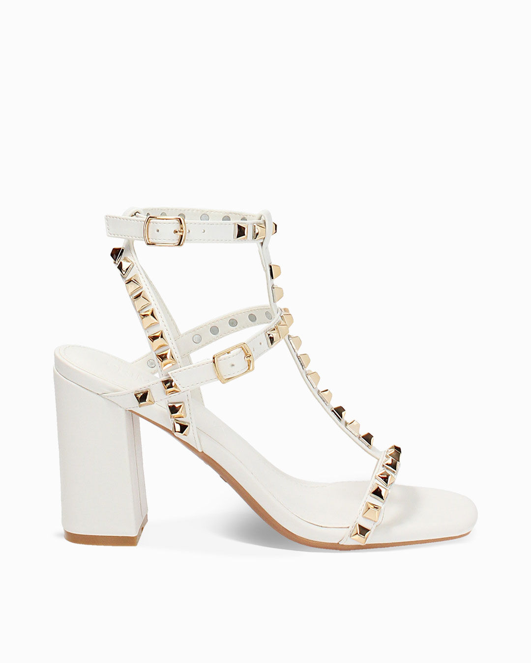 Sandalo donna bianco con borchie, tacco 8,5 cm